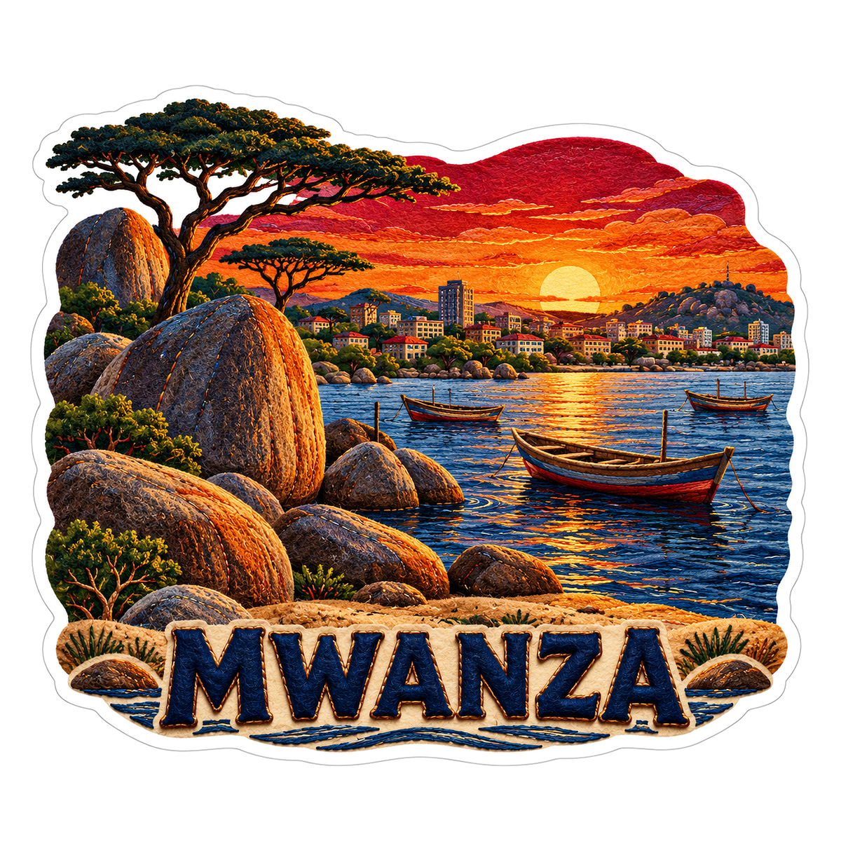 Mwanza Rocky Shore and Boats at Orange Sunset Vinyl Decal Stickers