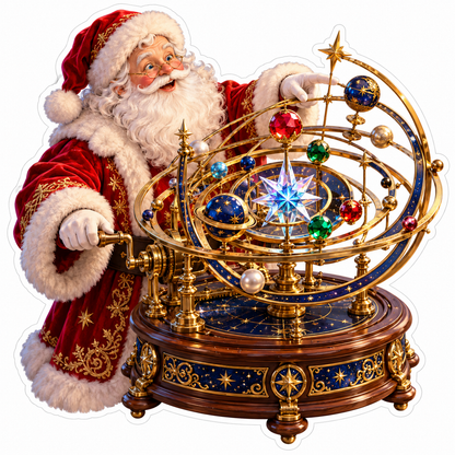 Santa Turning a Model of Jewel Colored Planets Vinyl Decal Stickers