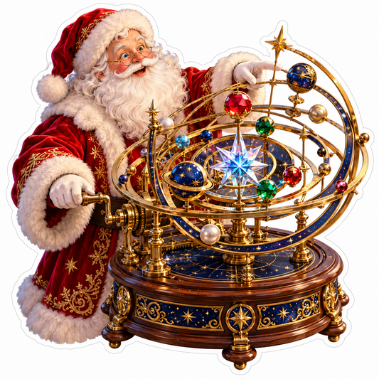 Santa Turning a Model of Jewel Colored Planets Vinyl Decal Stickers