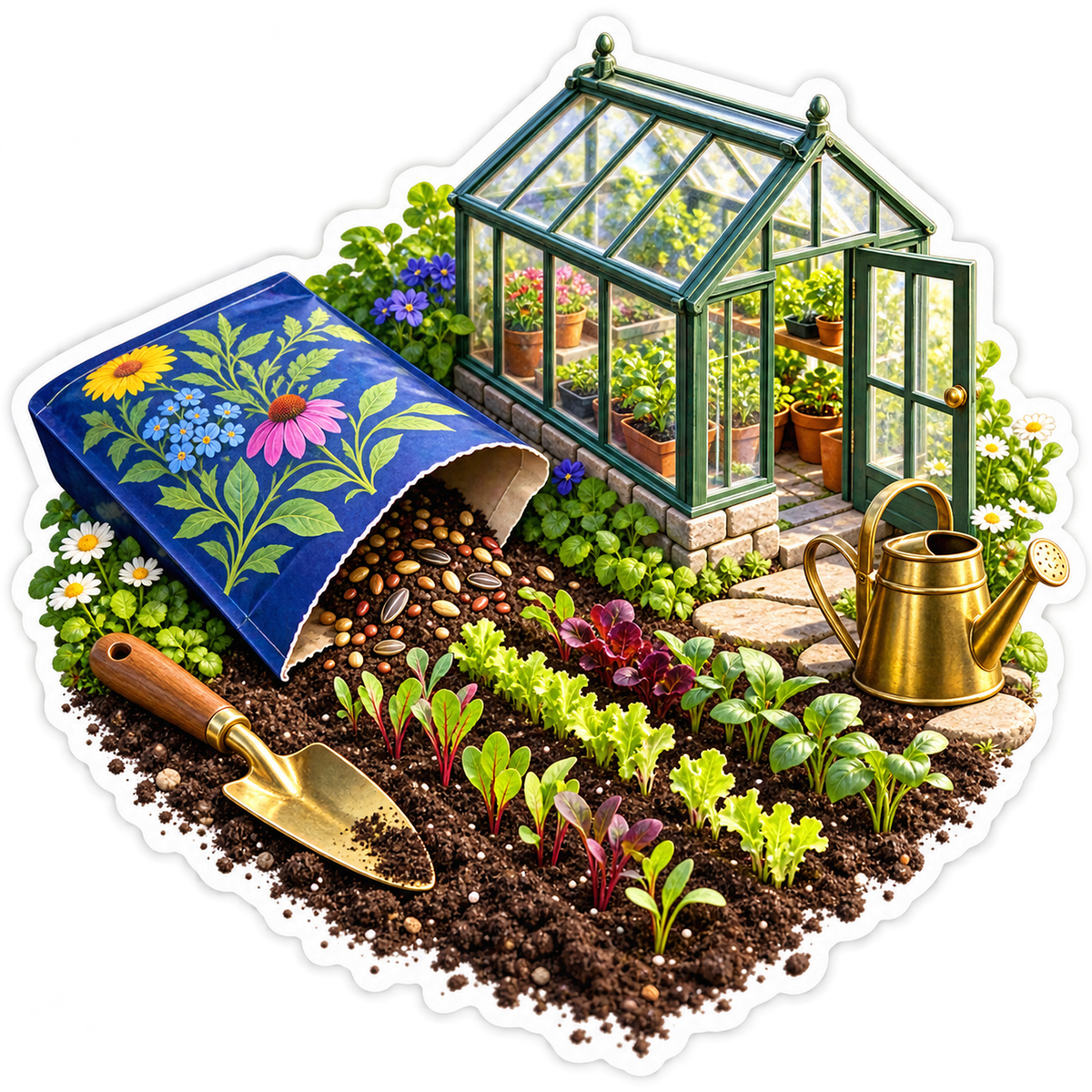 Seed Packet and Sprouts beside Greenhouse Vinyl Decal Stickers