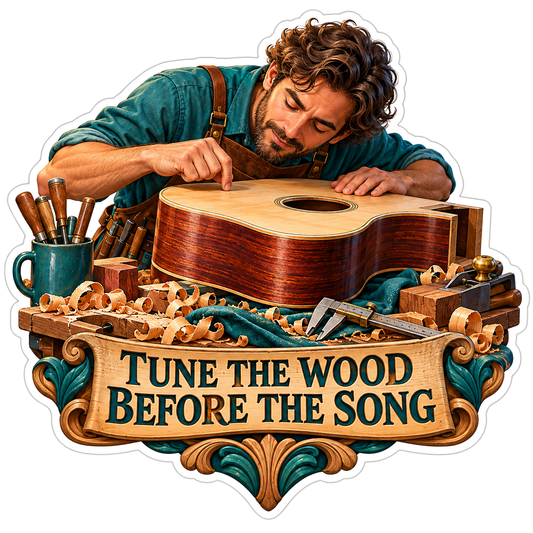 Man Checking Wooden Guitar Body at Workbench Vinyl Decal Stickers