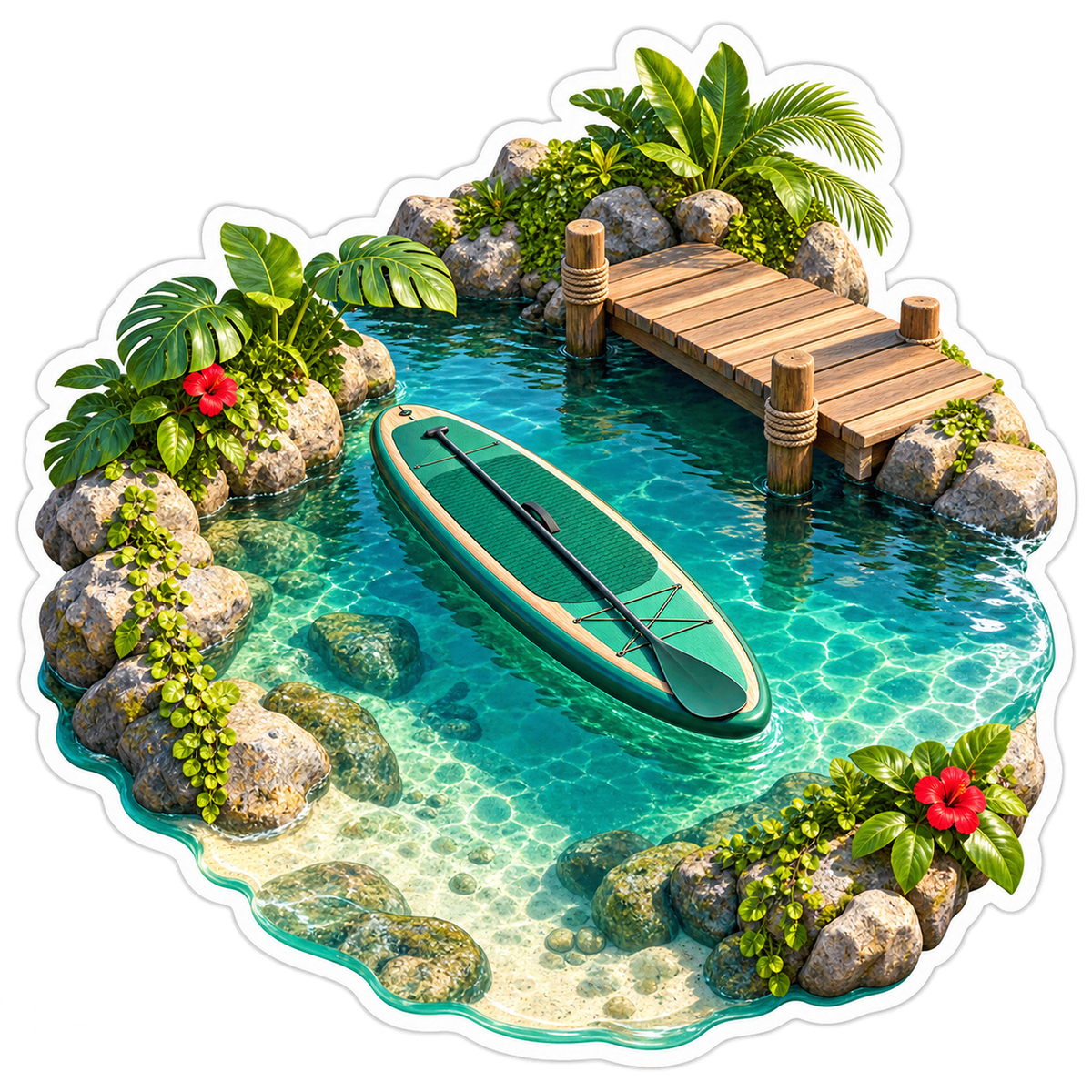 Green Paddleboard by Tropical Lagoon Dock Art Vinyl Decal Stickers