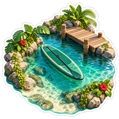 Green Paddleboard by Tropical Lagoon Dock Art Vinyl Decal Stickers