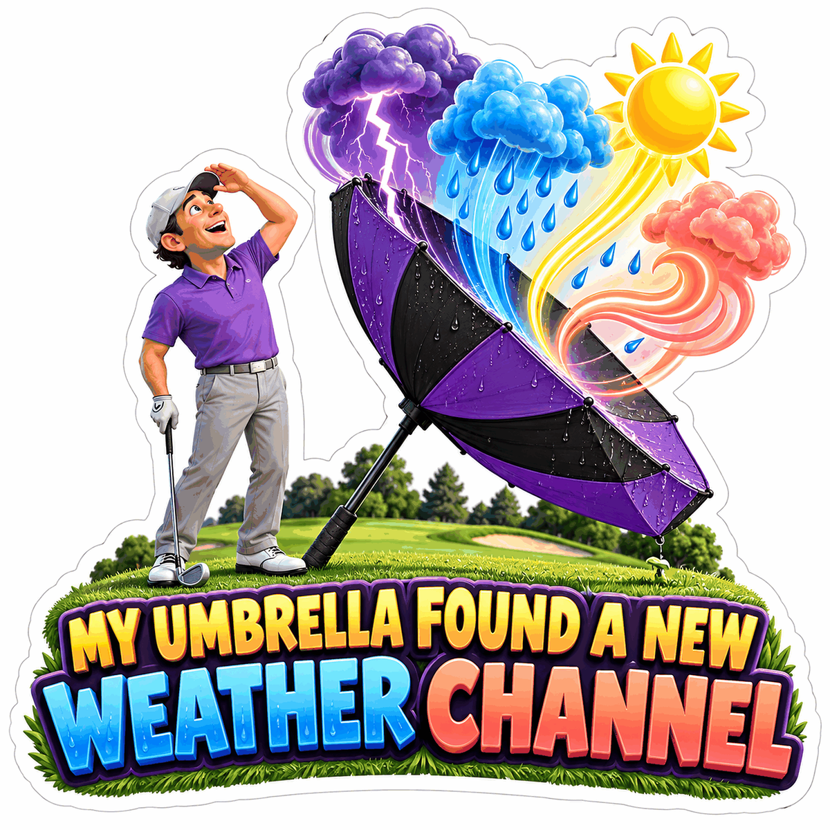 Golfer beside Umbrella with Sun Rain and Wind Vinyl Decal Stickers
