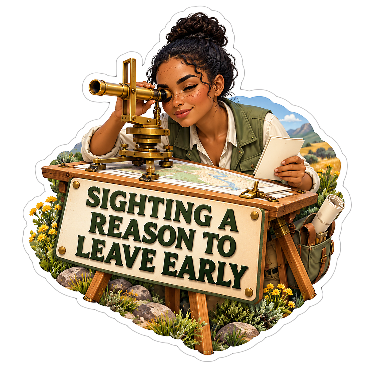Woman Using Brass Sight over Outdoor Map Vinyl Decal Stickers
