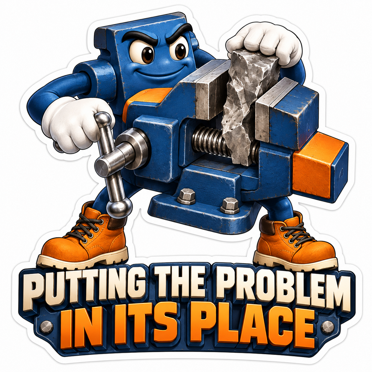 Blue Bench Vise Mascot Holding Gray Metal Vinyl Decal Stickers