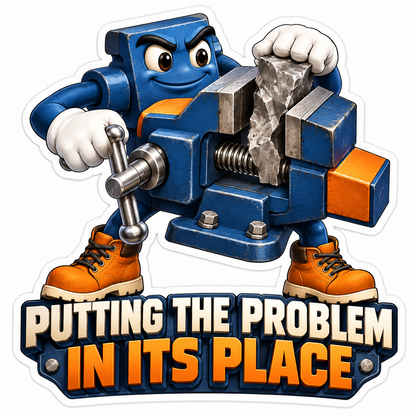 Blue Bench Vise Mascot Holding Gray Metal Vinyl Decal Stickers