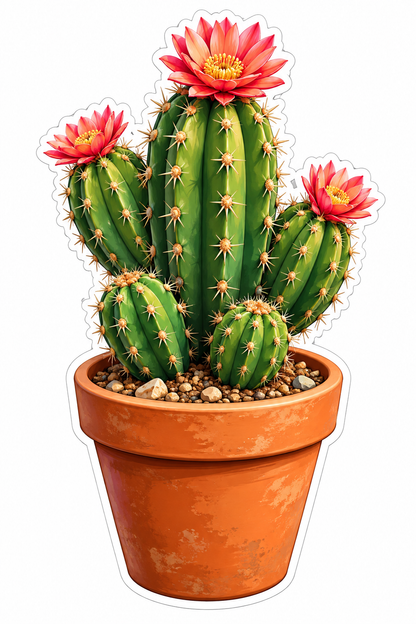 Pink Flowering Cactus in Terracotta Pot Vinyl Decal Stickers