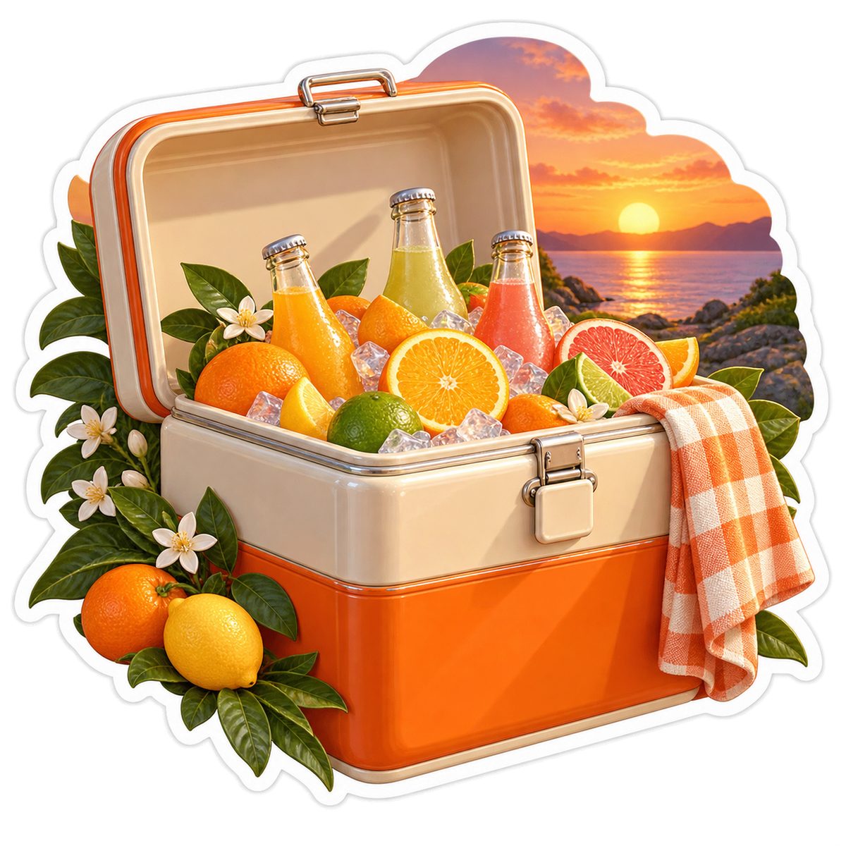 Orange Picnic Box With Citrus Sunset Scene Art Vinyl Decal Stickers