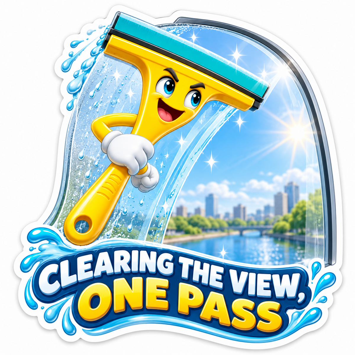 Yellow Squeegee Mascot Cleaning Curved Glass Vinyl Decal Stickers