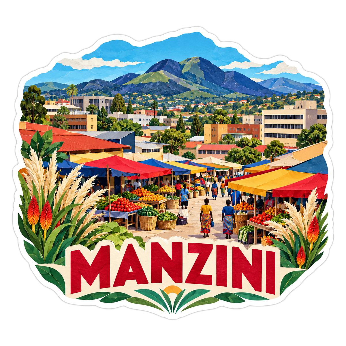 Manzini Colorful Market Mountain Art Vinyl Decal Stickers