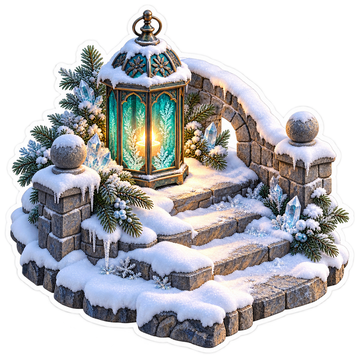 Teal Lantern on Snow Covered Stone Steps Vinyl Decal Stickers