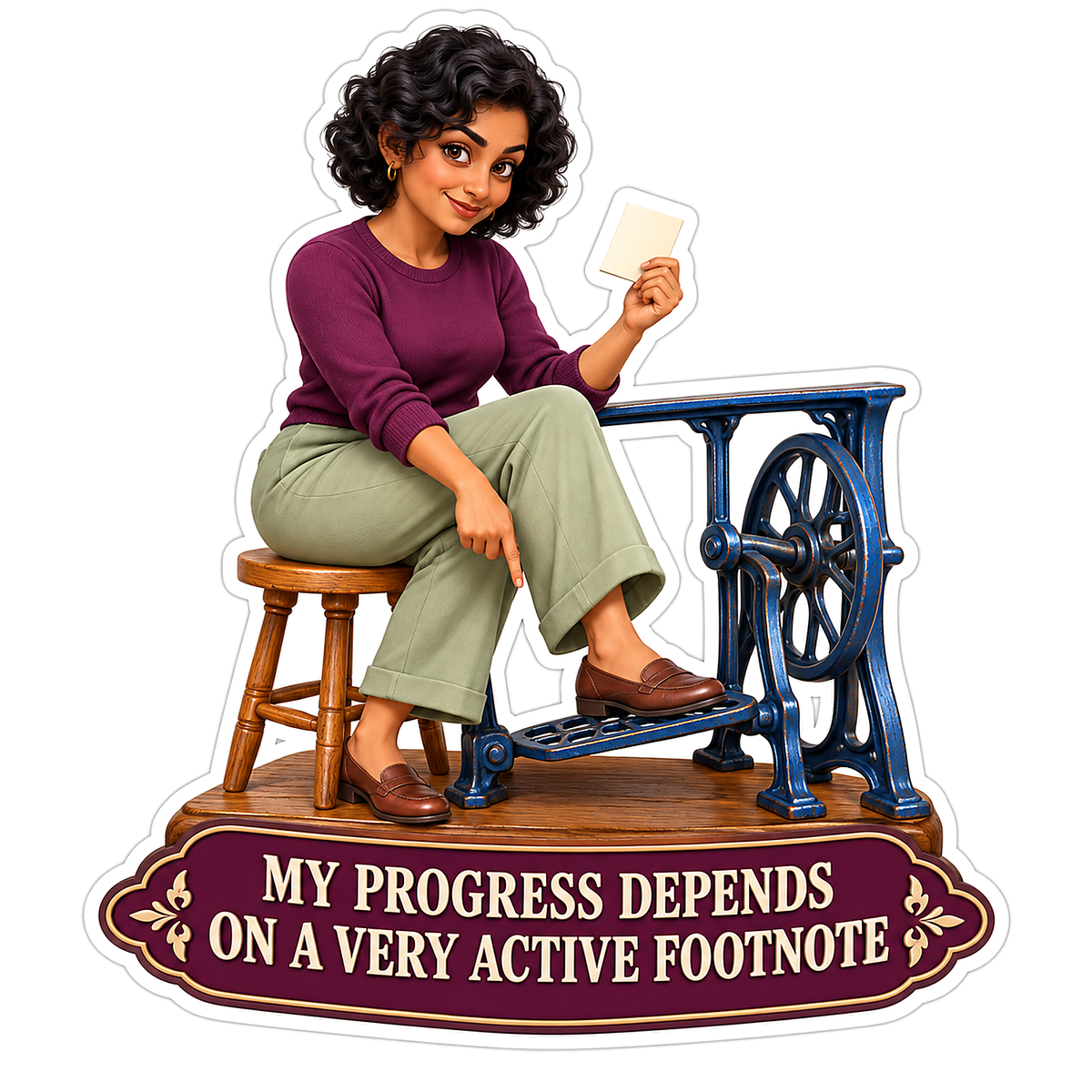 Woman Seated Beside a Blue Treadle Machine Vinyl Decal Stickers
