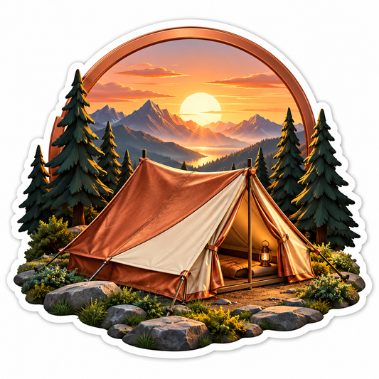 Orange Tent Beneath Mountain Sunset Arch Art Vinyl Decal Stickers