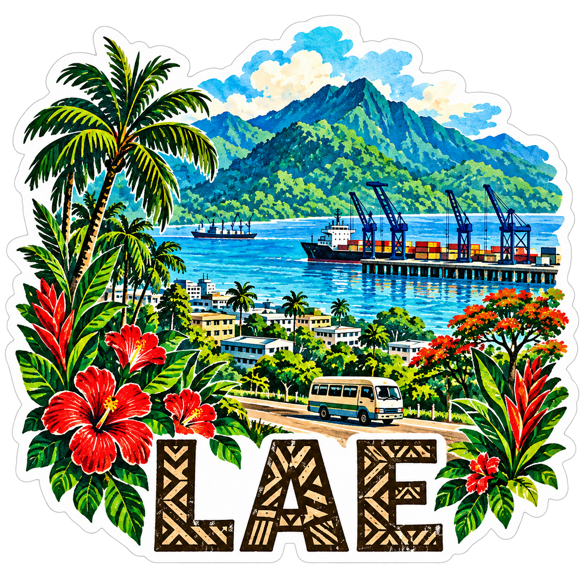 Lae Tropical Harbor and Mountain View Vinyl Decal Stickers