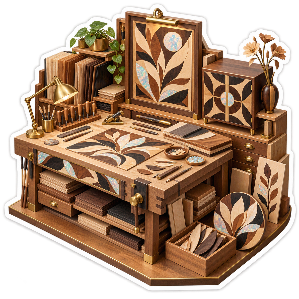 Wood Inlay Workbench with Leaf Pattern Panels Vinyl Decal Stickers