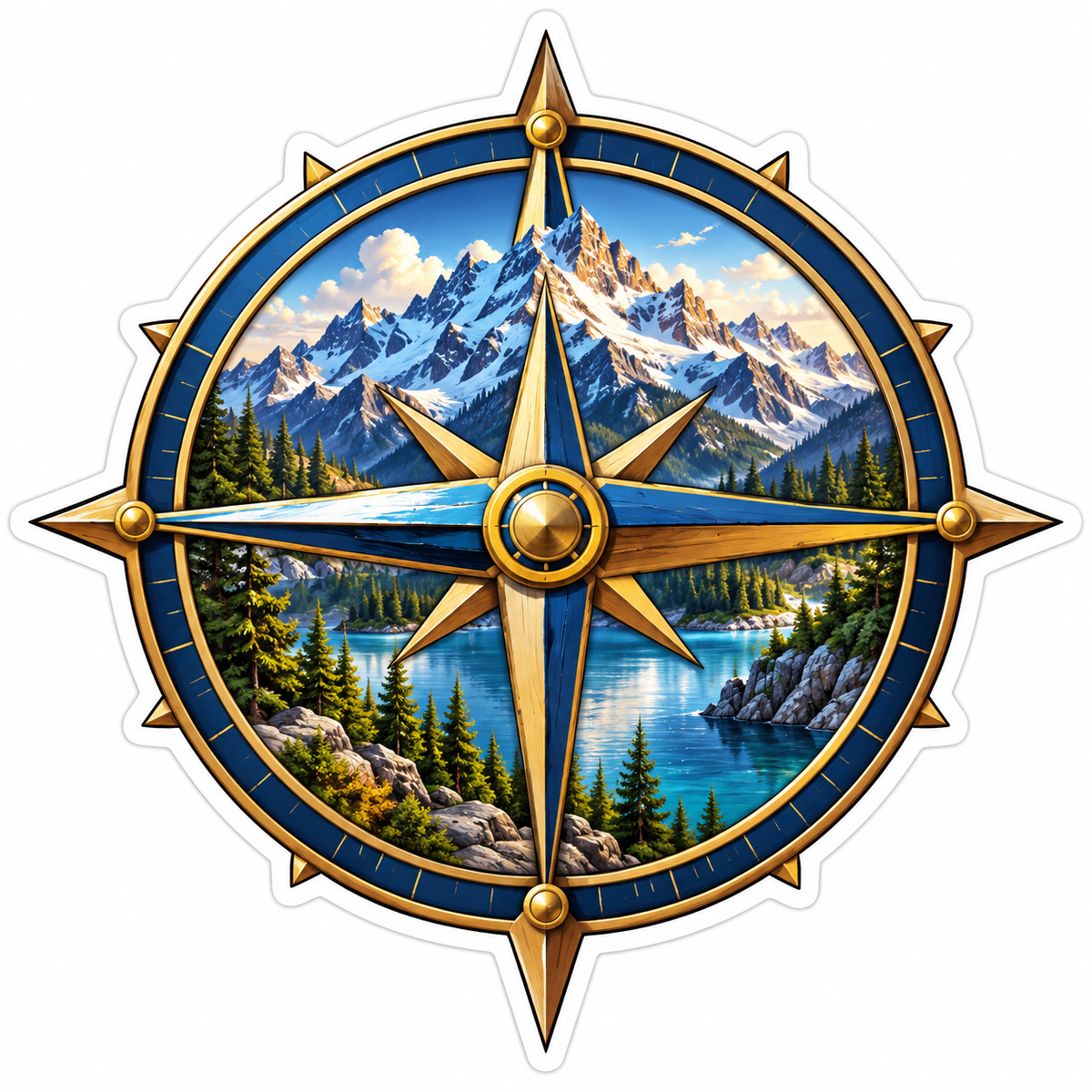 Gold Compass with Mountain Lake Art Vinyl Decal Stickers
