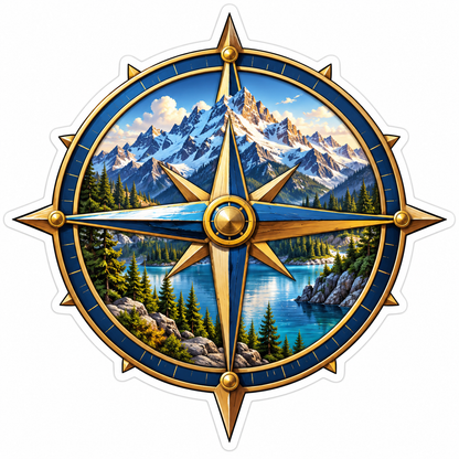 Gold Compass with Mountain Lake Art Vinyl Decal Stickers