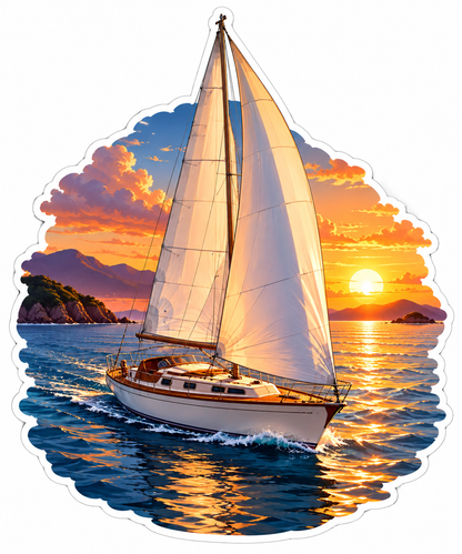 Cream Sailed Boat on Golden Sunset Water Vinyl Decal Stickers