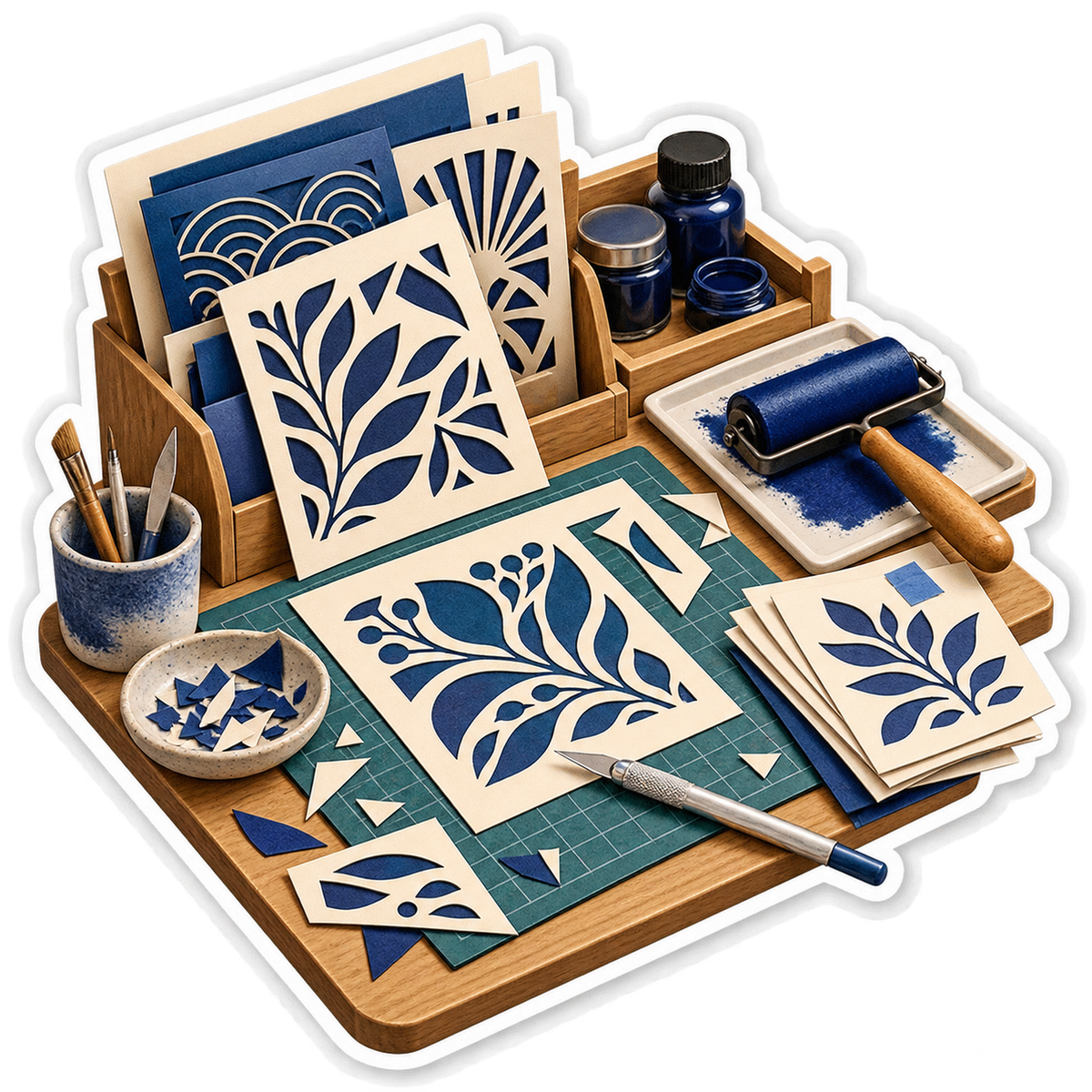 Blue Leaf Stencils with Printing Roller Tools Vinyl Decal Stickers