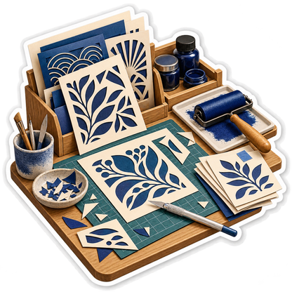 Blue Leaf Stencils with Printing Roller Tools Vinyl Decal Stickers