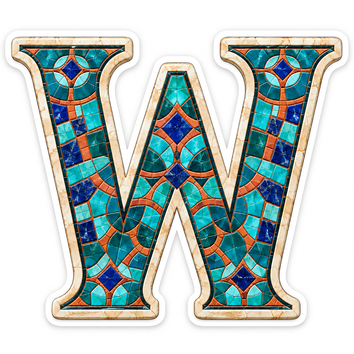 Turquoise Mosaic Ivory Border Letter W Vinyl Decal Stickers