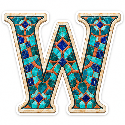 Turquoise Mosaic Ivory Border Letter W Vinyl Decal Stickers