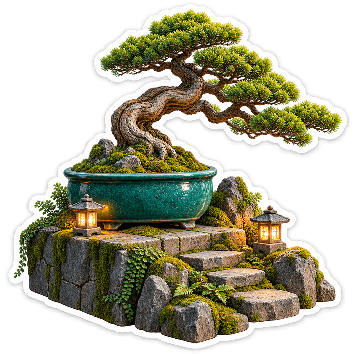 Twisting Bonsai in Teal Pot with Lanterns Vinyl Decal Stickers