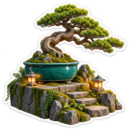 Twisting Bonsai in Teal Pot with Lanterns Vinyl Decal Stickers