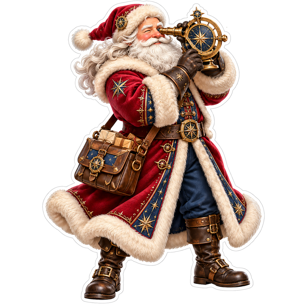 Santa in Burgundy Coat with Brass Telescope Vinyl Decal Stickers