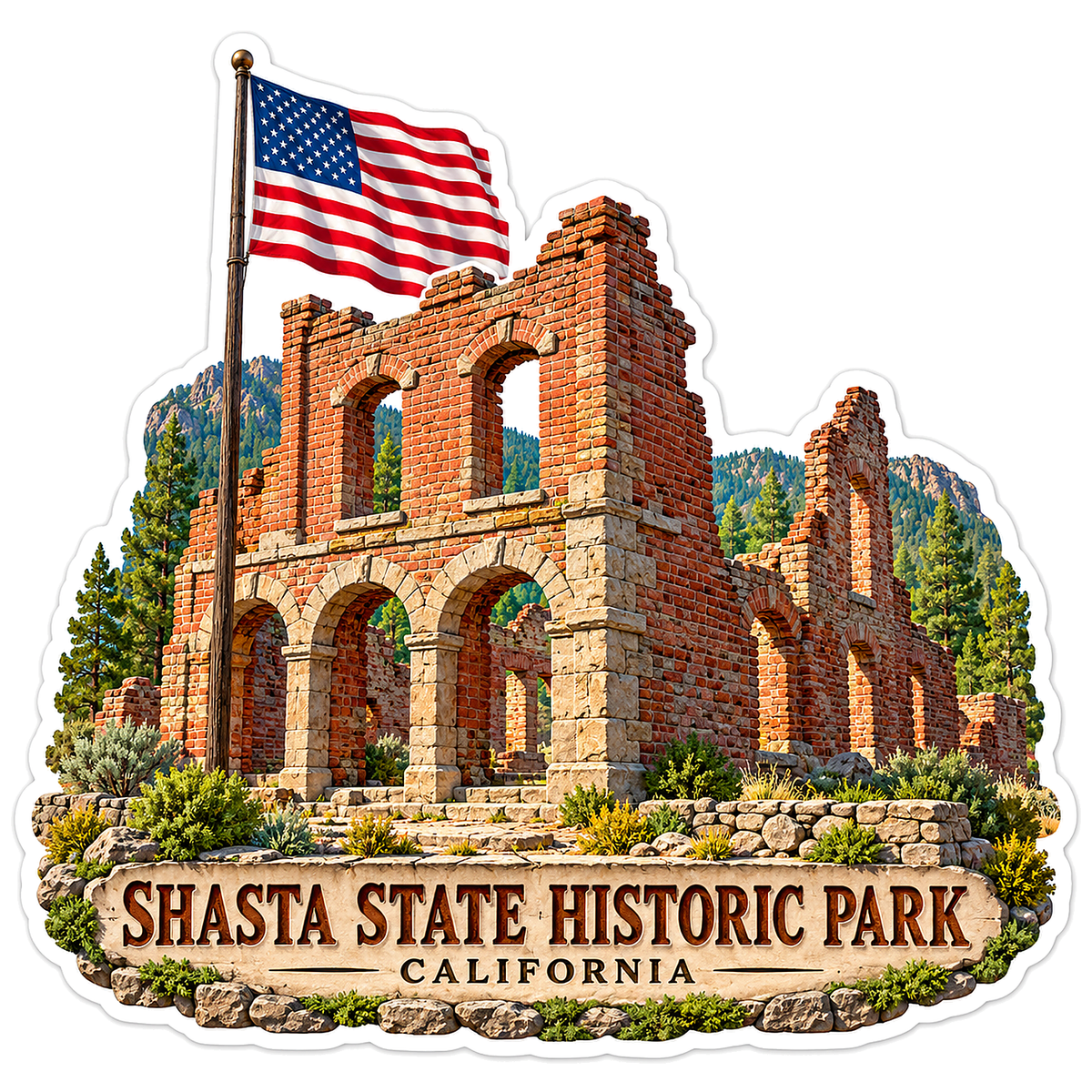 Shasta Brick Ruins and US Flag Vinyl Decal Stickers