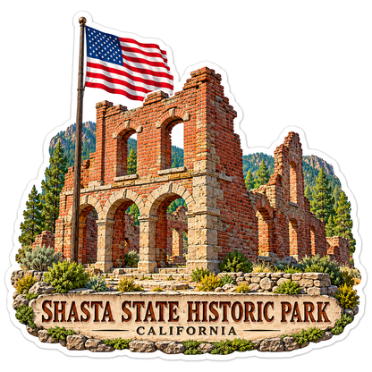 Shasta Brick Ruins and US Flag Vinyl Decal Stickers