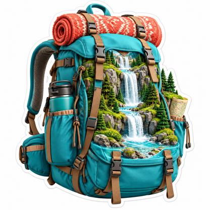 Teal Backpack With Cascading Waterfalls Art Vinyl Decal Stickers
