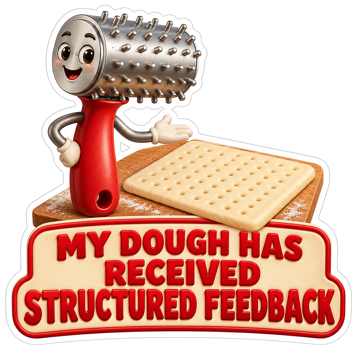 Red Spiked Dough Roller beside Pierced Dough Vinyl Decal Stickers