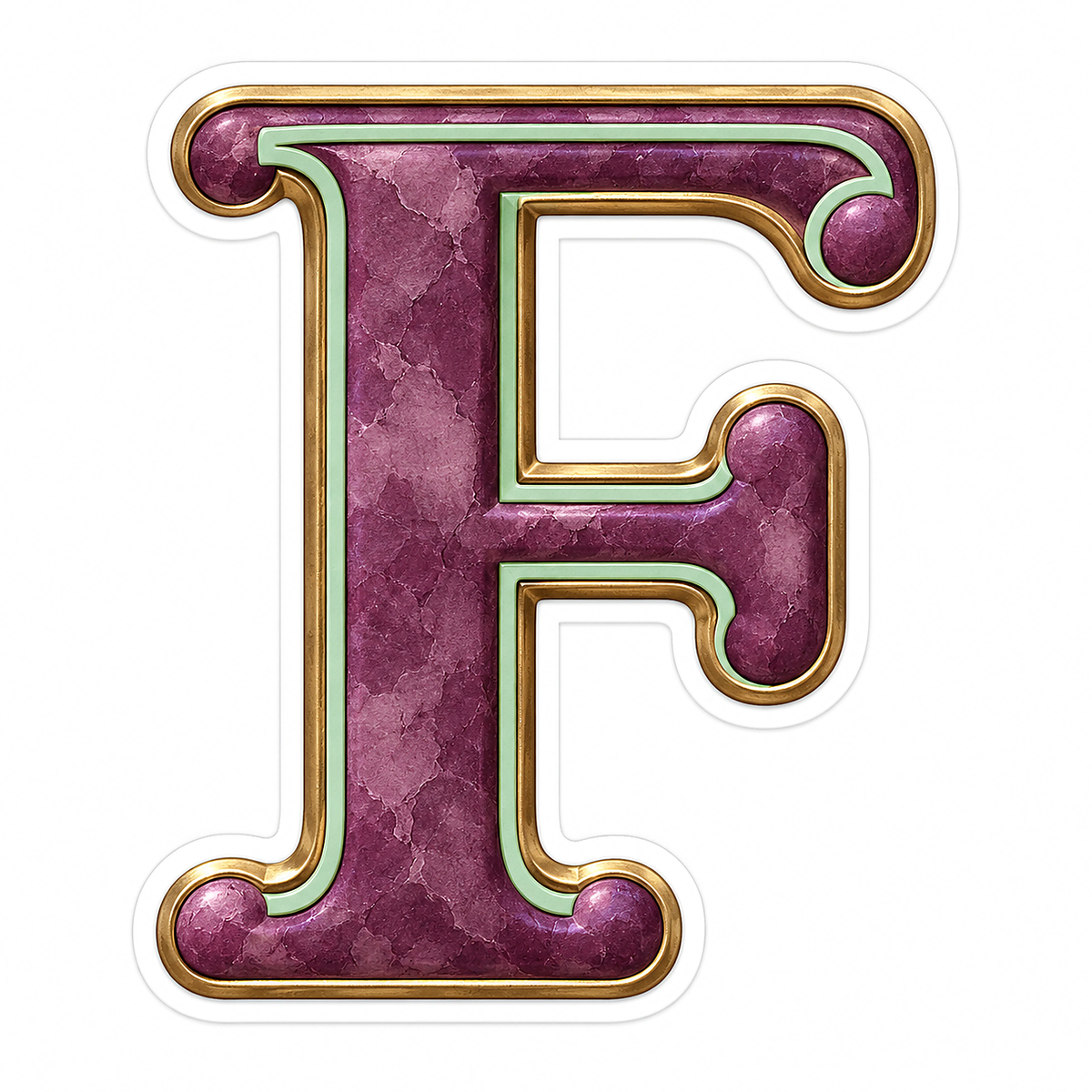 Plum Letter F with Mint and Gold Trim Art Vinyl Decal Stickers