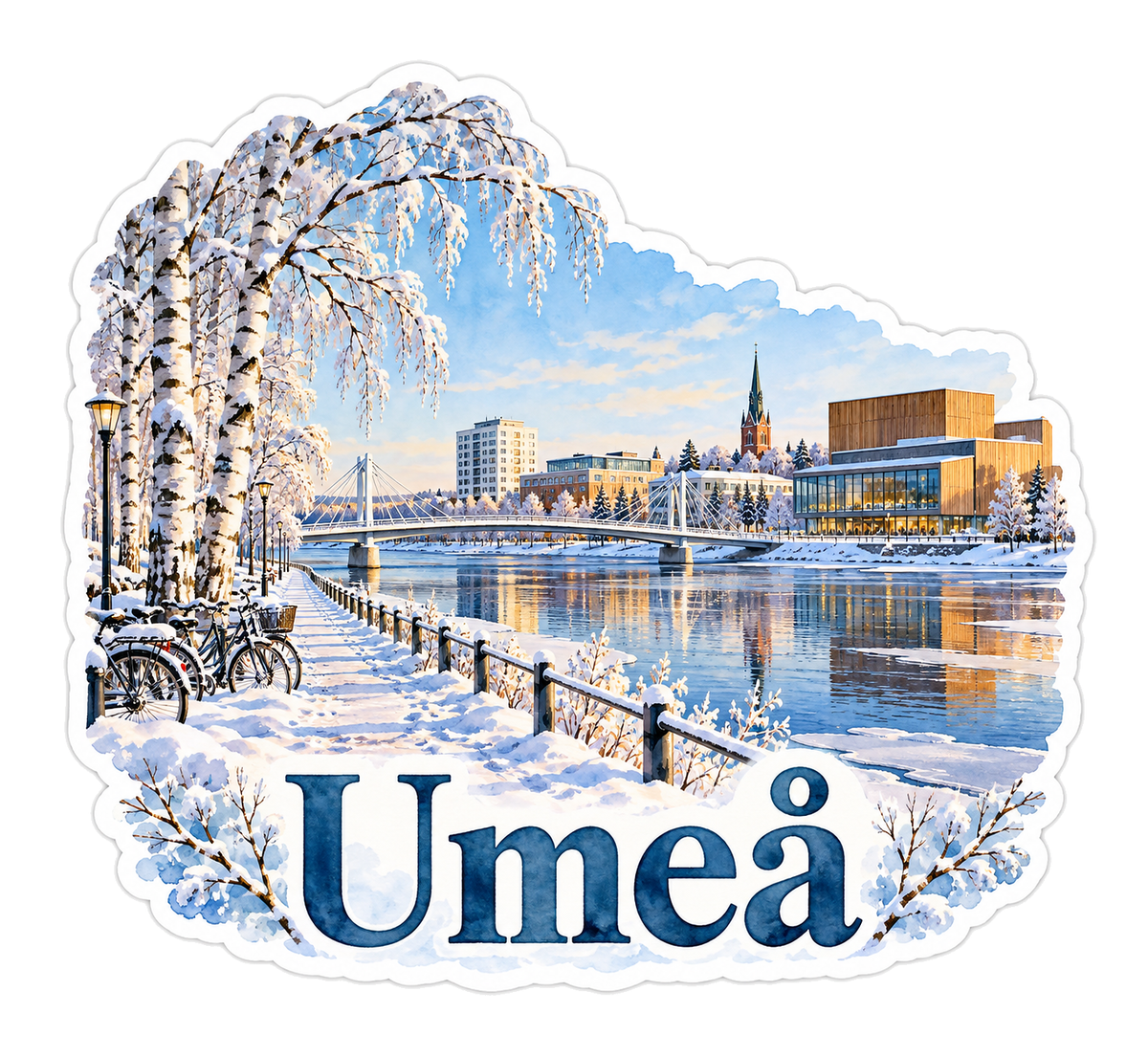 Umea Snowy Birch Riverbank and City View Vinyl Decal Stickers