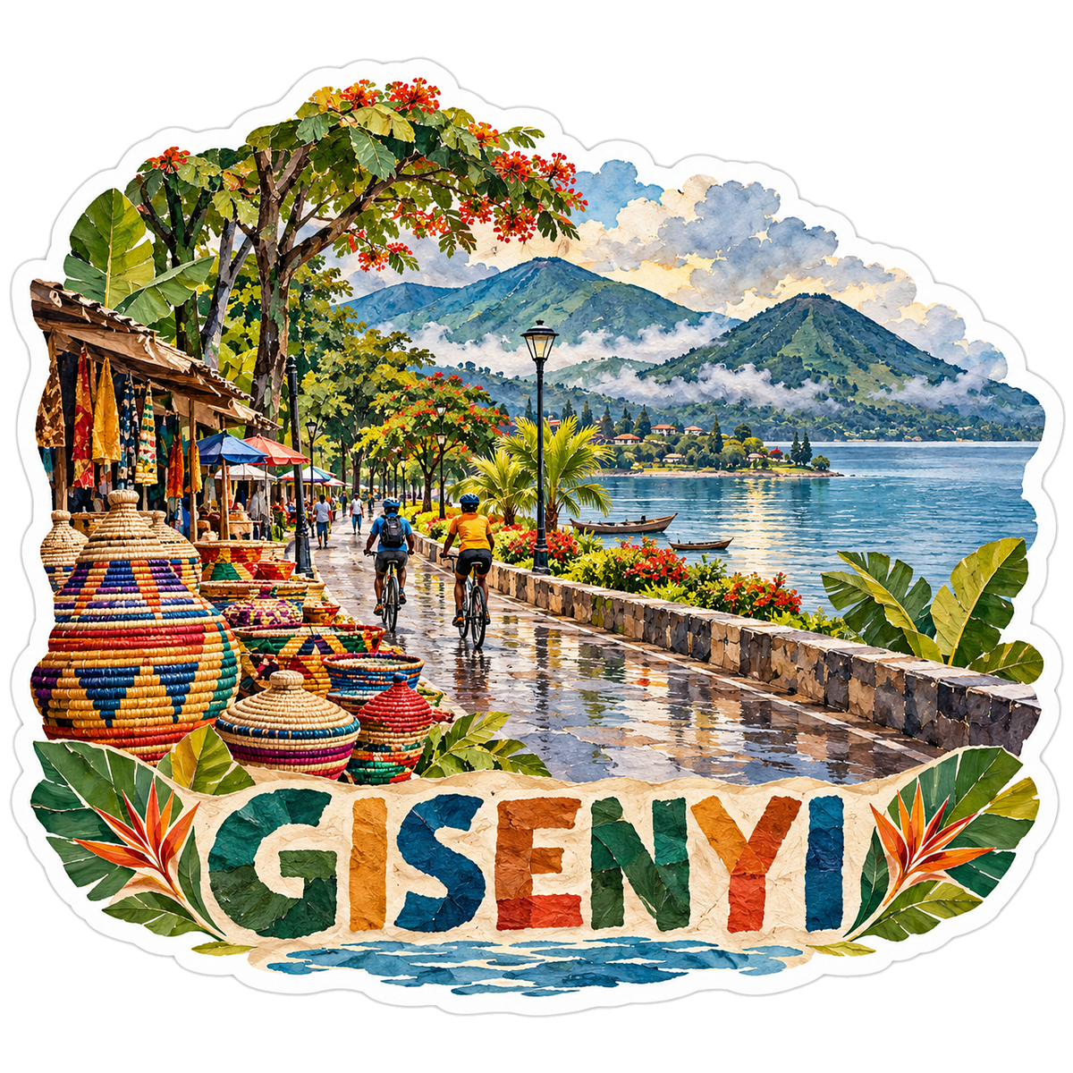 Gisenyi Lakeside Woven Basket Market Scene Vinyl Decal Stickers
