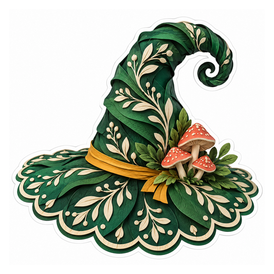 Green Witch Hat Leaves and Mushrooms Vinyl Decal Stickers