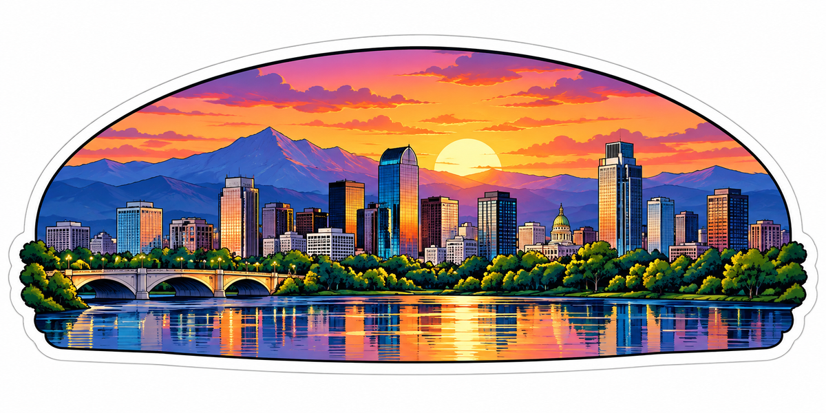 Sunset City Skyline and River Reflections Vinyl Decal Stickers
