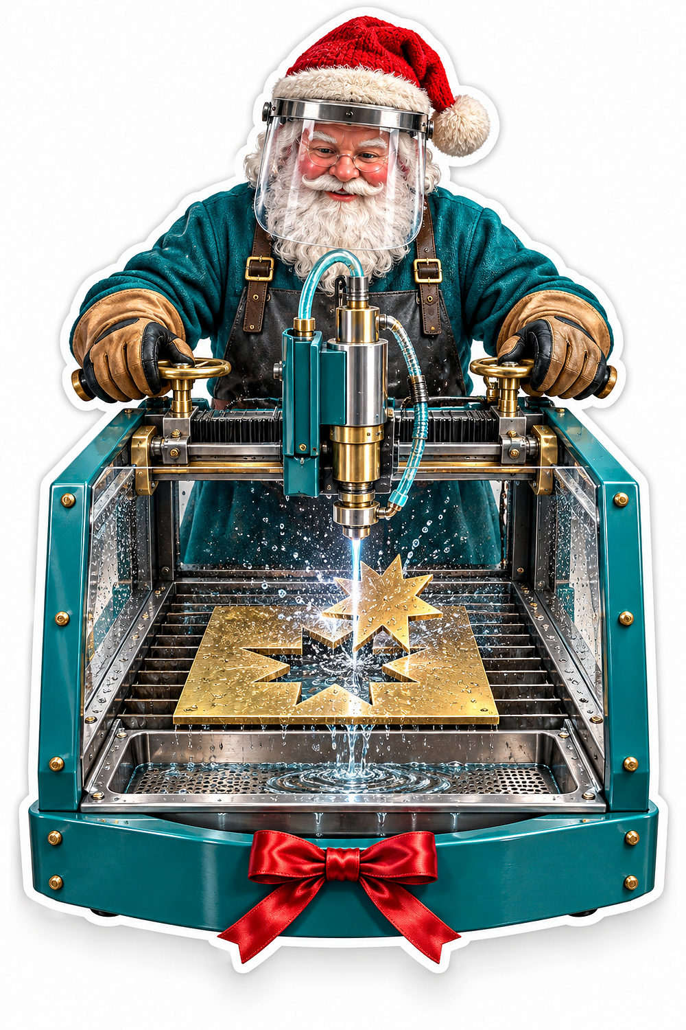Teal Coat Santa Cutting Stars from a Gold Plate Vinyl Decal Stickers