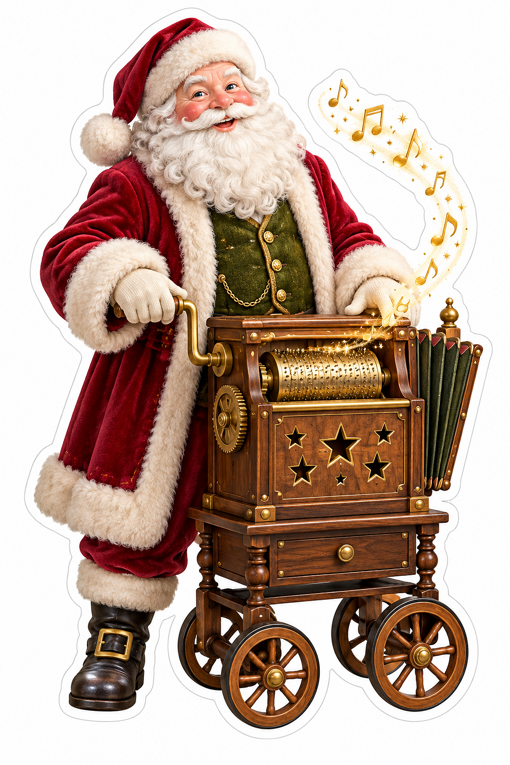 Santa Cranking a Wooden Music Cart with Stars Vinyl Decal Stickers