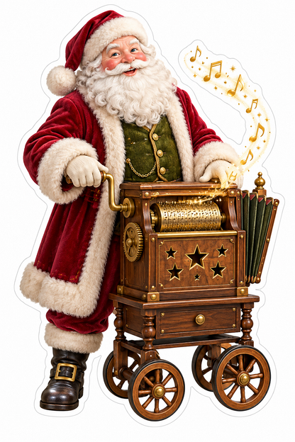 Santa Cranking a Wooden Music Cart with Stars Vinyl Decal Stickers