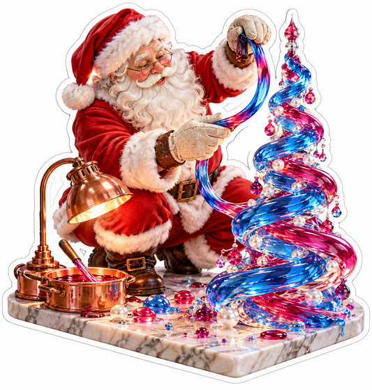 Santa Twisting Red Blue Glass Tree Vinyl Decal Stickers