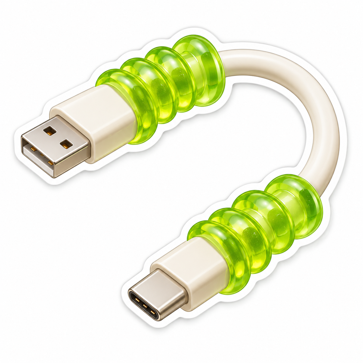 Cream USB Cable with Clear Green Coil Sleeves Vinyl Decal Stickers