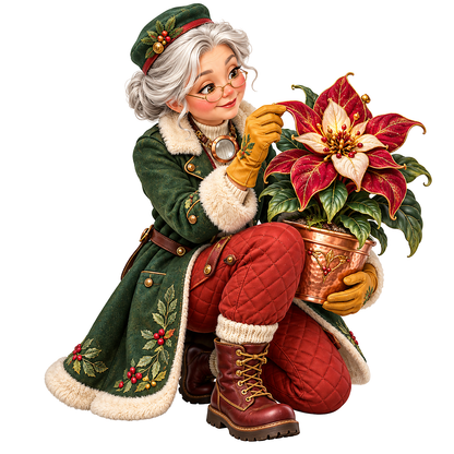 Mrs Claus Tending Poinsettia Art Vinyl Decal Stickers