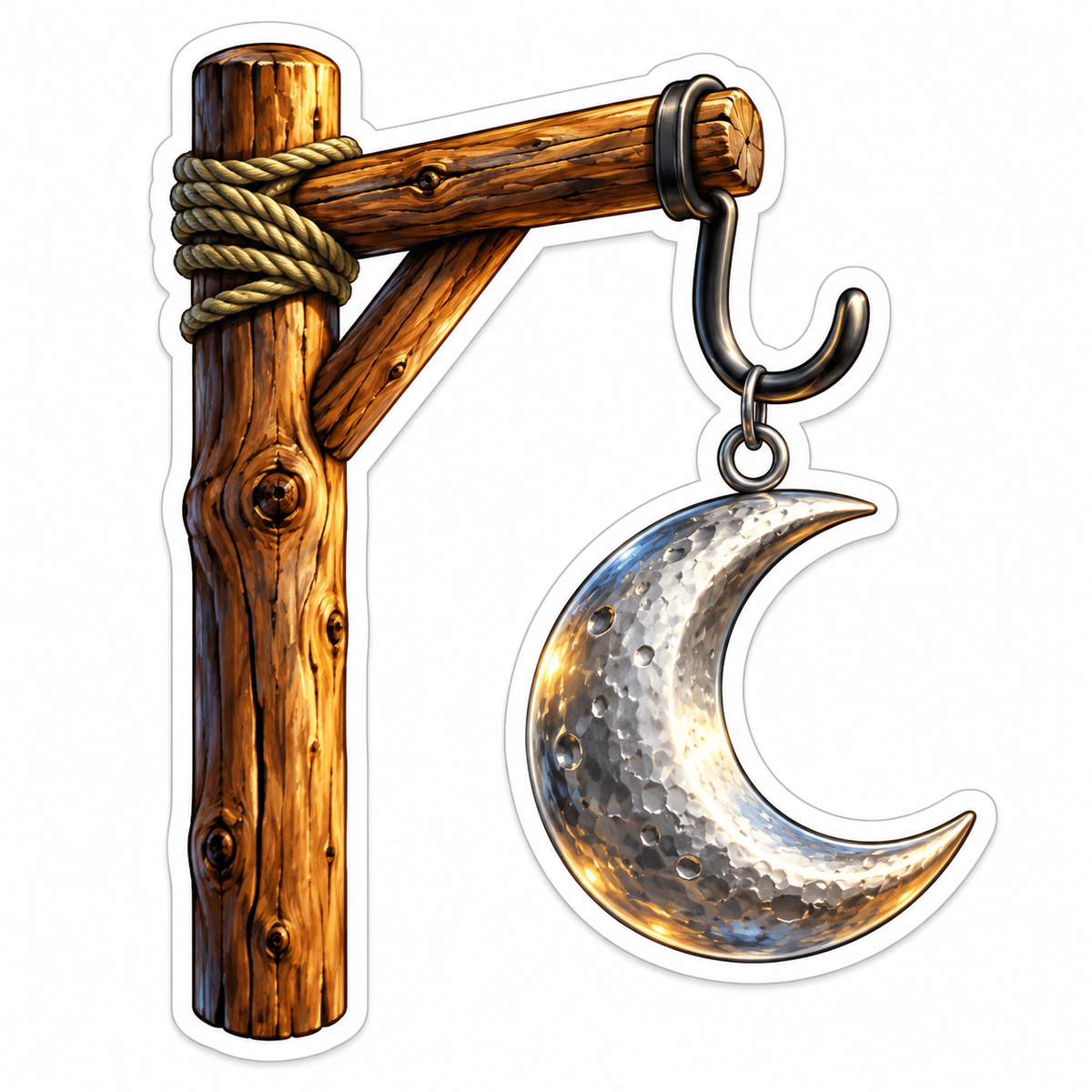 Crescent Moon Hanging from Rustic Wood Hook Vinyl Decal Stickers