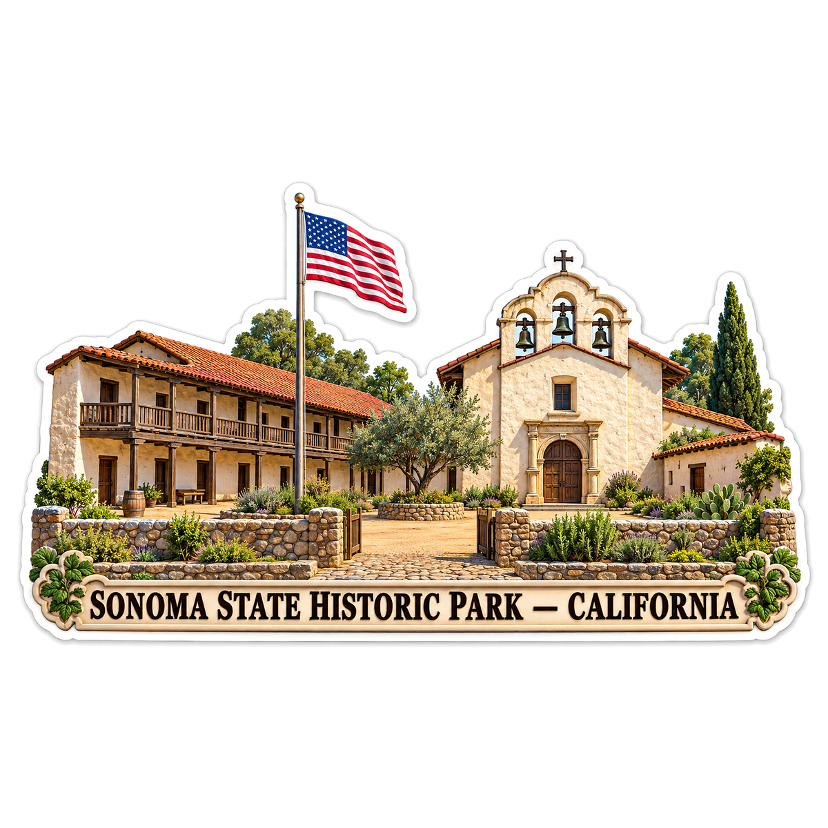 California Bell Mission with American Flag Art Vinyl Decal Stickers
