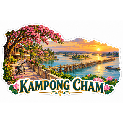 Kampong Cham Bamboo Bridge at Sunset Vinyl Decal Stickers