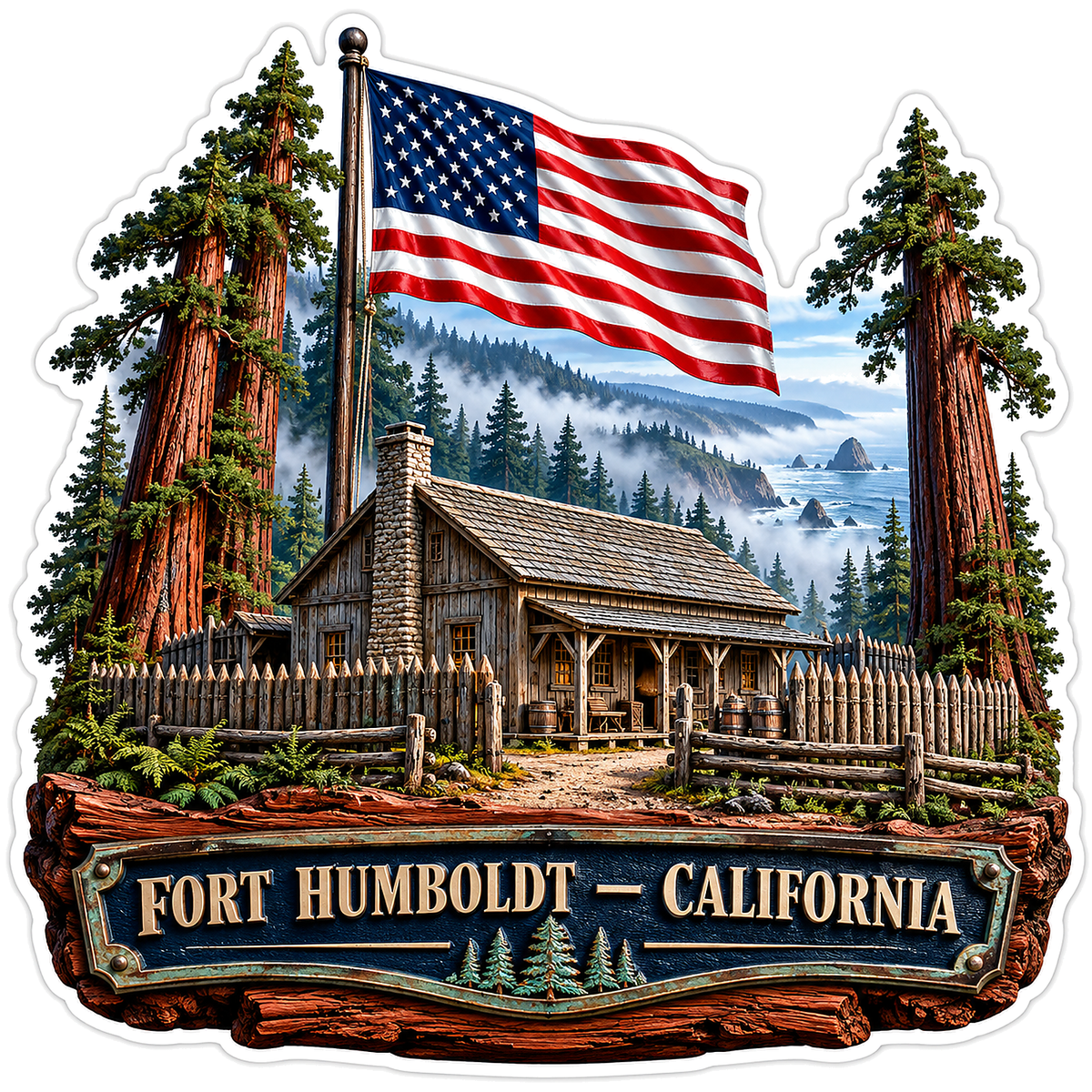 US Flag Fort Humboldt Cabin and Redwood Trees Vinyl Decal Stickers