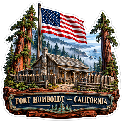 US Flag Fort Humboldt Cabin and Redwood Trees Vinyl Decal Stickers